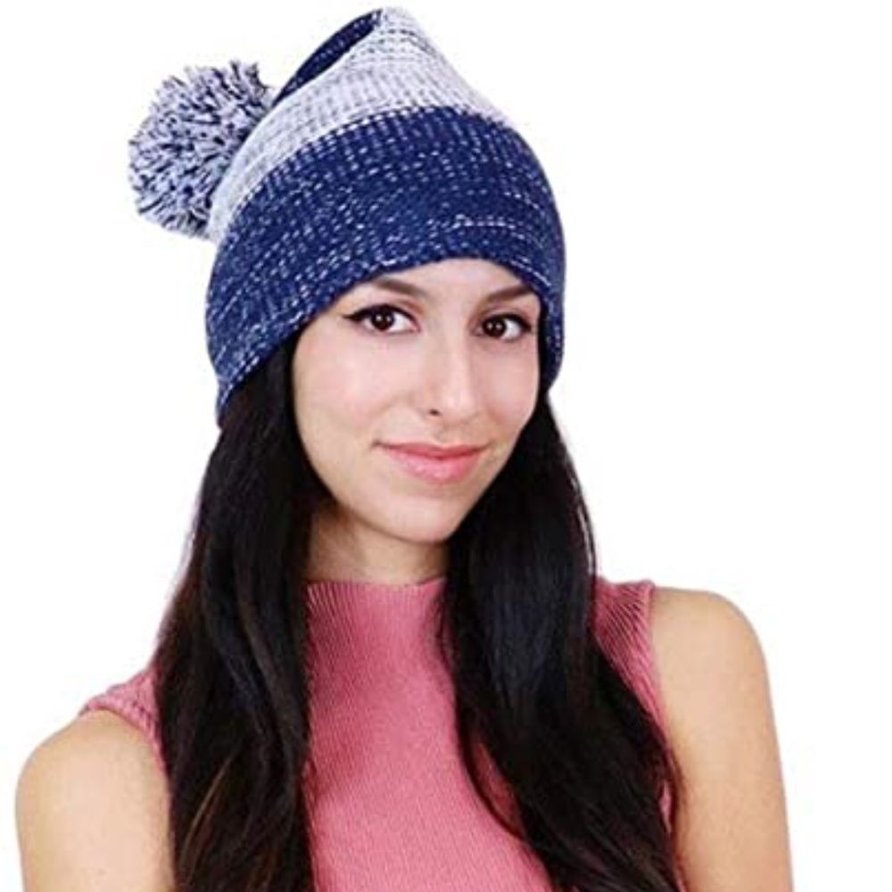 Navy Blue Grey Unisex Skull Beanie Pom Pom Slouchy NEW‎